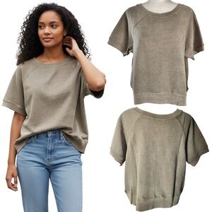 Serra Olive Short Sleeve Knit Sweatshirt Sz L New! Boxy Relaxed Fit Pullover